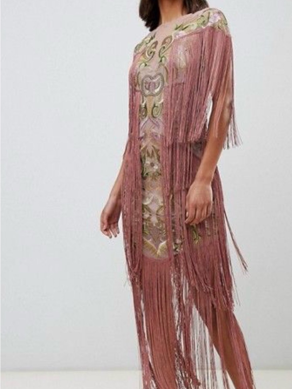 ASOS Dusty Rose Fringe Embroidered Dress